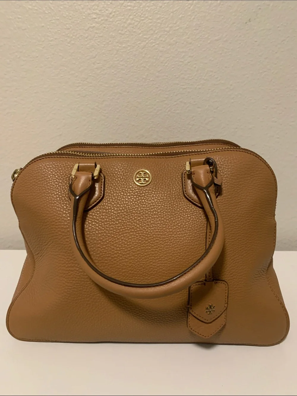 Tory Burch Robinson Camel Brown Pebbled Leather Satchel with Gold Logo